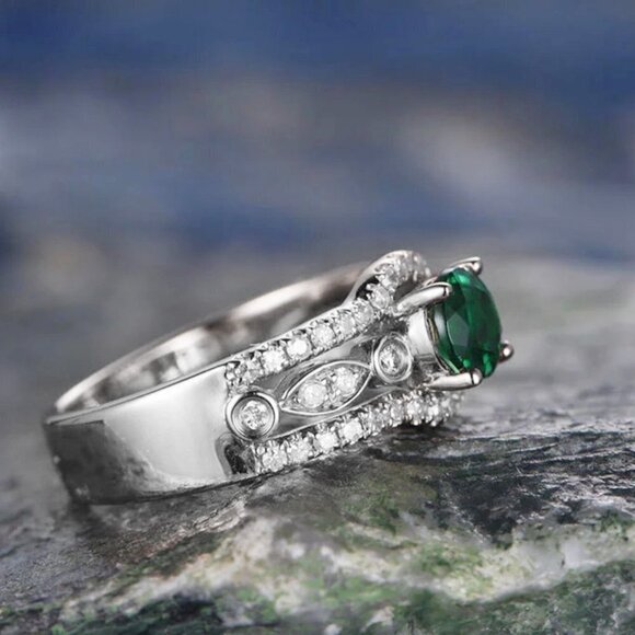 Three Layer Stack Green Gems Zircon Silver Rings for Woman, VP1346 - Picture 4 of 6